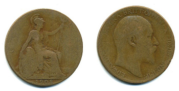 Великобритания 1 пенни 1908 Эдуард VII (1901-1910) KM 794.2, Spink 3990 бронза 47-724