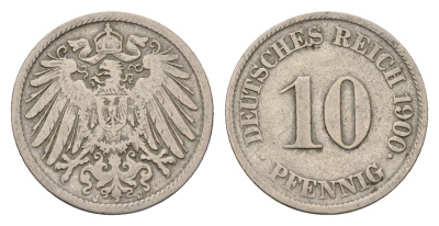 Германия 10 пфеннигов 1900 J, Вильгельм II (1888-1918) KM 12, J. 13 медно-никель 4636-827