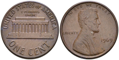 США 1 цент 1969 Линкольн KM 201 медь цинк 4564-451