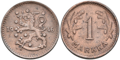 ФИНЛЯНДИЯ 1 МАРКА 1946 S KM 30b железо 4563-655