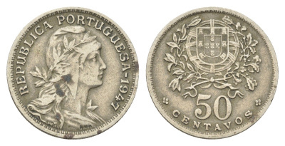 Португалия 50 сентаво 1947 голова Свободы вправо KM 577 никель латунь 4659-634