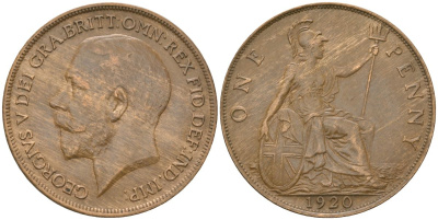 Великобритания 1 пенни 1920 Георг V (1910-1936) KM 810, Spink 4051 бронза    69-735