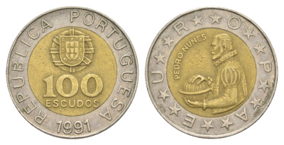 Португалия 100 эскудо 1991 Педру Нуниш (1502-1578), математик KM 645 биметалл 4390-626