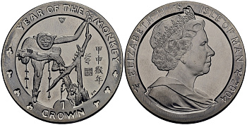 Остров Мэн 1 крона 2004 год обезьяны KM 1238 медно-никель UNC M91-20
