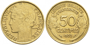 ФРАНЦИЯ 50 САНТИМОВ 1932 ТИП MORLON, OPEN 9, С ЯГОДОЙ KM 849.1, LE FRANC 192.7 алюминиевая бронза 3955-1226