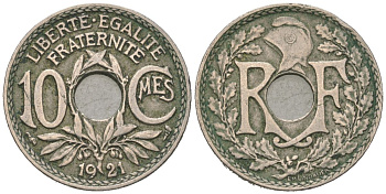 Франция 10 сантимов 1921 тип Линдайё KM 866a, Le Franc 138.3 медно-никель 4584-444