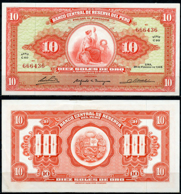 Перу 10 солей 1965 сидящая свобода, American Bank Note Company Pick 88  бумага  аUNC  3295-31-3-1
