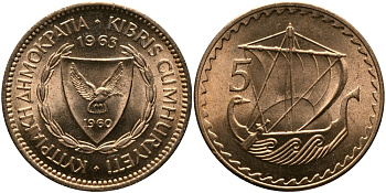 Кипр 5 милсов 1963 парусник KM 39 бронза aUNC 33-742