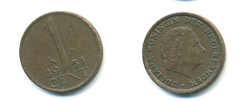 Нидерланды 1 цент 1951 Юлиана (1948-1980) КМ 180 бронза 83-917