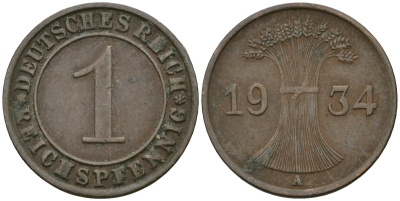 Германия 1 рейхспфенниг 1934 A KM 37, J. 313 бронза 4189-1227