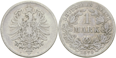 Германия 1 марка 1874 D Weege 17, J. 9, KM 7 серебро 98-1234