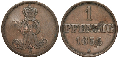 Ганновер 1 пфенниг 1856 B, Георг V KM 221, AKS 155, J. 83 медь 4594-247