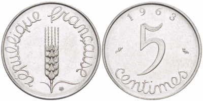 ФРАНЦИЯ 5 САНТИМОВ 1963 ПЯТАЯ РЕСПУБЛИКА KM 927, LE FRANC 124.5 хромированная сталь 105-428