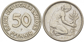 ФРГ 50 пфеннигов 1949 F KM 104, J. 379 медно-никель 112-938