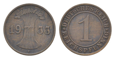 Германия 1 рейхспфенниг 1933 F KM 37, J. 313 бронза 4636-332
