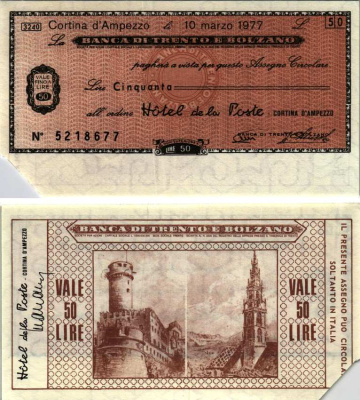 Италия 50 лир 1977 10 марта 1977 Banco Di trento e bolzano бумага 7222-61-3-1