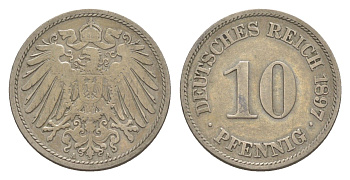 Германия 10 пфеннигов 1897 A, Вильгельм II (1888-1918) KM 12, J. 13 медно-никель 4644-1145