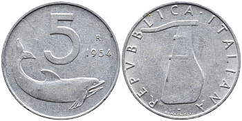 ИТАЛИЯ 5 ЛИР 1954 R, РУЛЬ, ДЕЛЬФИН KM 92 алюминий 4391-1144