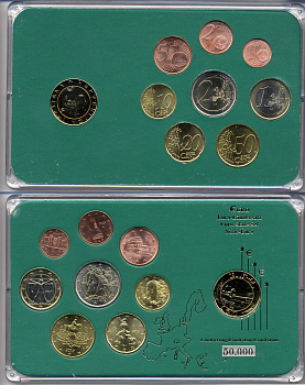 Италия евронабор от 1 евроцента до 2 евро  включает 500 лир 1993, планшет  биметалл, медно-никель  UNC  3-6-5-10