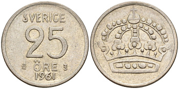 Швеция 25 эре 1961 TS, Густав VI Адольф (1950-1973) KM 824 серебро 4147-1119