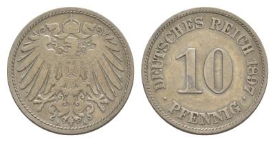 Германия 10 пфеннигов 1897 A, Вильгельм II (1888-1918) KM 12, J. 13 медно-никель 4644-1145