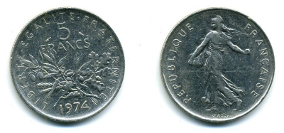 ФРАНЦИЯ 5 ФРАНКОВ 1974 СЕЯТЕЛЬ KM 926a.1, LE FRANC 341.6 медно-никель плакированный никелем 25-722