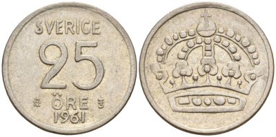 Швеция 25 эре 1961 TS, Густав VI Адольф (1950-1973) KM 824 серебро 4147-1119