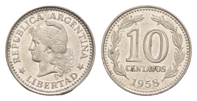 Аргентина 10 сентаво 1958 генерал Хосе де Сан Мартин KM 54 сталь плакированная никелем UNC 4651-967