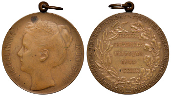 Нидерланды медаль 1908 за 3 место в шестом коневодческом конкурсе 1908 года , Королева Вильгельмина диаметр 53 мм. вес 57,88 гр. бронза 1069-9-12