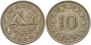 Мальта 10 центов 1972 баржа Великого магистра KM 11 медно-никель 82-424