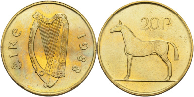 Ирландия 20 пенсов 1988 лошадь KM 25 никель бронза UNC 4583-325