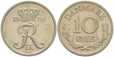 ДАНИЯ 10 ЭРЕ 1970 C; S, ФРЕДЕРИК IX (1947-1972) KM 849.1 медно-никель UNC 3718-345