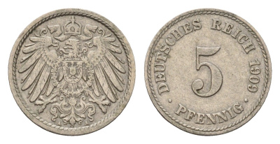 Германия 5 пфеннигов 1909 A, Вильгельм II (1888-1918) KM 11, J. 12 медно-никель 4636-214