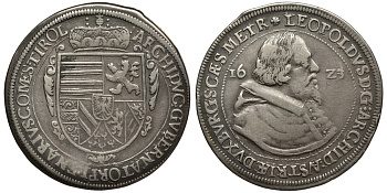 Австрия, Священная Римская империя, Тироль 1 талер 1623 дом Габсбургов, Эрцгерцог Леопольд V  Тирольский (1619-1632), монетный двор Халл, очень редкий год MT 420var, Tursky 4/2/I, Dav. 3330 серебро 00-803-03