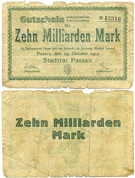 ПАССААУ 10000000000 МАРОК 1923 НОТГЕЛЬД, 10 МИЛЛИАРДОВ, 25 ОКТЯБРЯ 1923, ЗЕМЛЯ БАВАРИЯ бумага 6281-9-1-1