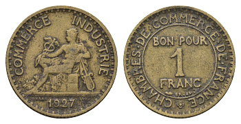 Франция 1 франк 1927 KM 876 алюминиевая бронза 4673-1124