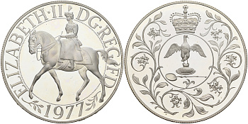 Великобритания 25 пенсов 1977 25 лет со дня коронации Елизаветы, в оригинальной коробке с сертификатом, Елизавета II (1952-2022) KM 920а, Spink 4227 серебро PROOF 7-5-6-34