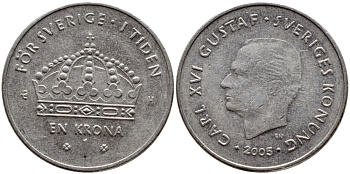 Швеция 1 крона 2005 Карл XVI Густав (1973- ) KM 894 медно-никель 93-1054
