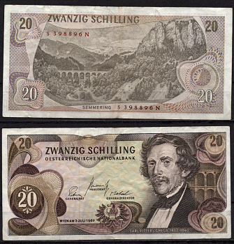 Австрия 20 шиллингов 1967 Карл Риттер фон Гега, Земмерингский мост Pick 142 a бумага 7548-110-2-2