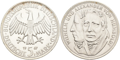 ФРГ 5 марок 1967 F, Вильгельм и Александр фон Гумбольдт J. 395, KM 120.1 серебро 88-213