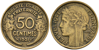 Франция 50 сантимов 1931 KM 894.1, Le Franc 192.15 алюминиевая бронза 4596-736