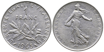 Франция 1 франк 1965 сеятель KM 925.1, Le Franc 226.9 никель 84-1315