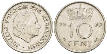 НИДЕРЛАНДЫ 10 ЦЕНТОВ 1959 ЮЛИАНА (1948-1980) KM 182 никель 214-1154
