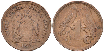 ЮАР 1 цент 1992 ДВЕ ПТИЧКИ НА ВЕТКЕ KM 132 сталь плакированная медью 187-258