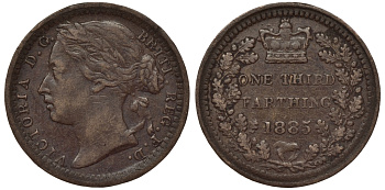 Великобритания 1/3 фартинга 1885 Виктория (1837-1901) KM 750, Spink 3960 бронза 1524-515