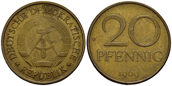 ГДР 20 пфеннигов 1969 A, первый год KM 11 латунь 4601-543