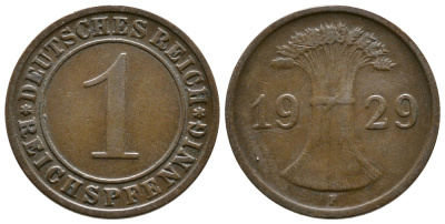 ГЕРМАНИЯ 1 РЕЙХСПФЕННИГ 1929 F KM 37, J. 313 бронза 4380-1166