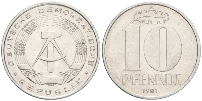 ГДР 10 пфеннигов 1981 А KM 10 алюминий 4556-446