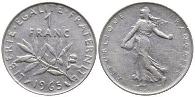 Франция 1 франк 1965 сеятель KM 925.1, Le Franc 226.9 никель 4681-827