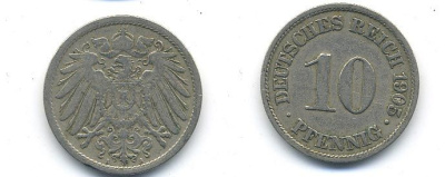 Германия 10 пфеннигов 1905 A KM 12, J. 13 медно-никель 58-241